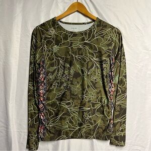 Johnny Was Womens Floral Print Active Blouse Green Brown Size Small